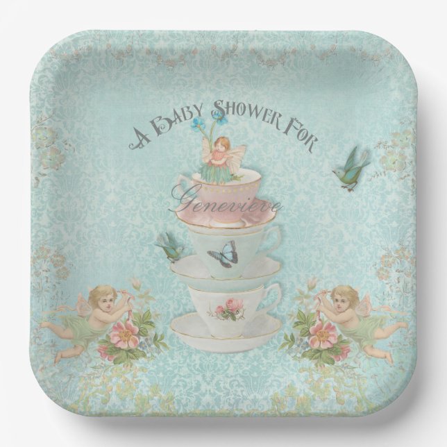 Cute Fairy Tea Cup Girl Baby Shower Personalised Paper Plate (Front)