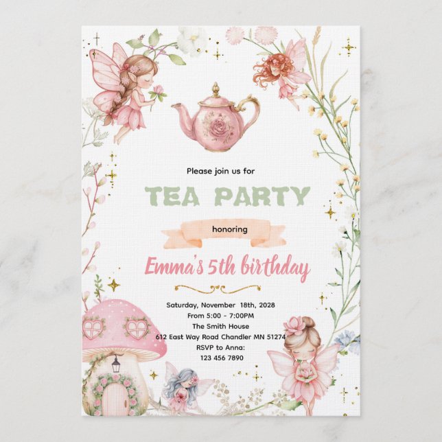 Cute fairy tea party invitation (Front)