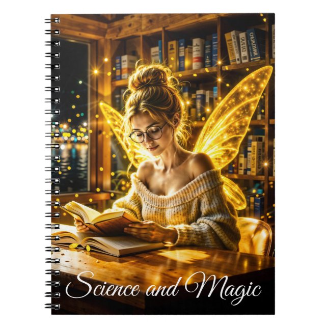 Cute fairy teen reading magical sparkles light notebook (Front)