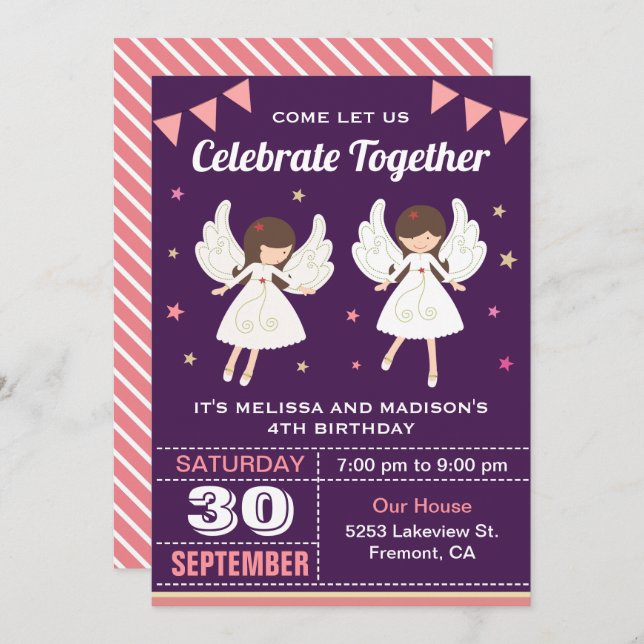 Cute Fairy Twin Girls Birthday Party Invitation (Front/Back)