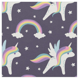 Cute Fairy Unicorn + rainbows blue background Fabric