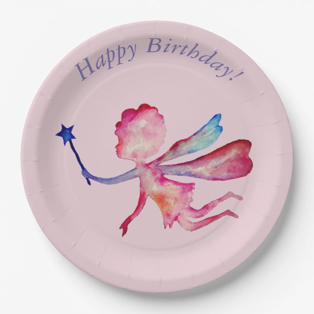 Cute Fairy Watercolor Drawing  Paper Plates (Front)