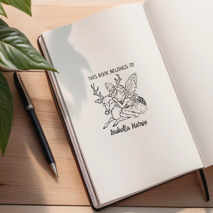 Cute Fairy with Deer Bookplate Rubber Stamp