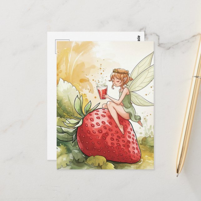 Cute Fairy With Glass of Strawberry Punch Fantasy Postcard (Front/Back In Situ)