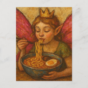 Cute Fairy with Pink Wings Eating Ramen Postcard