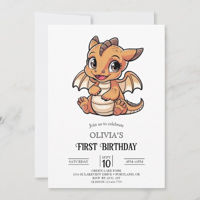 Cute Fairytale Digital Dragon 1st Birthday Invitation (Front)