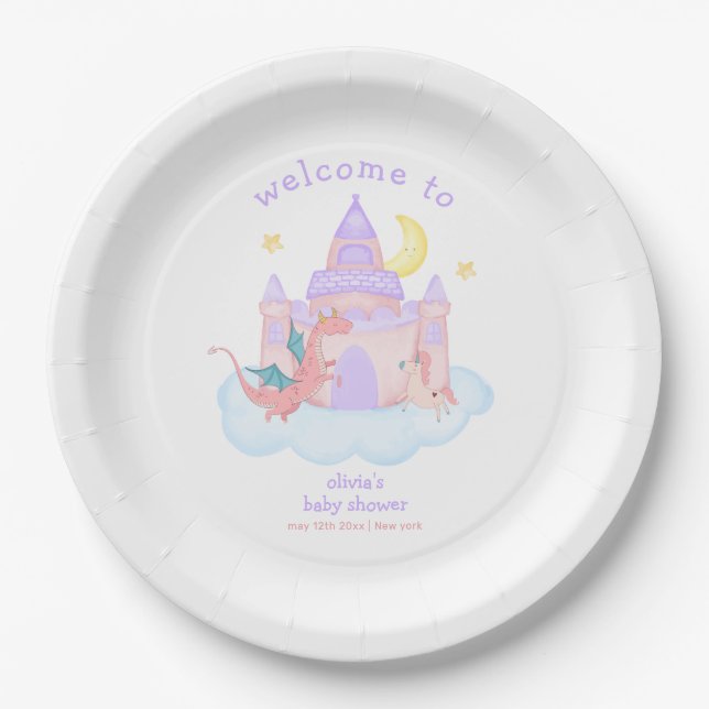 Cute Fairytale Dragon Unicorn Baby Shower Welcome  Paper Plate (Front)