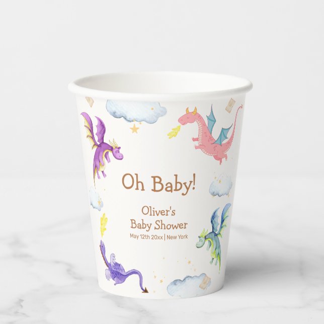 Cute Fairytale Magic Dragon Baby Shower  Paper Cups (Front)