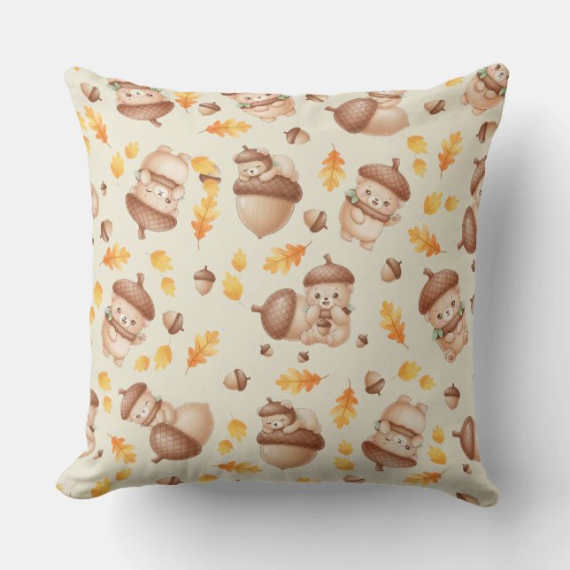 Cute Fall Acorn Bear Seamless Pattern Cushion (Front)