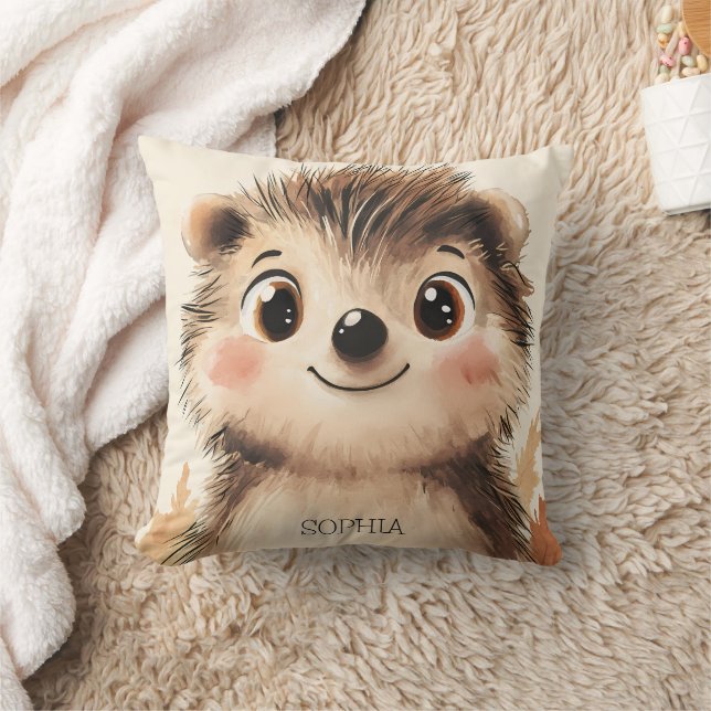 Cute Fall Animal Hedgehog Personalised Name Kids Cushion (Blanket)