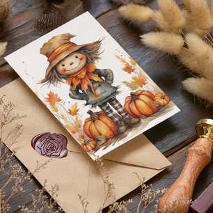Cute Fall Autumn Scarecrow with Pumpkin and Leaves Card