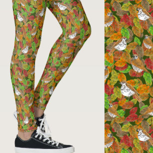 Cute fall colors leaves birds seasonal patterned leggings