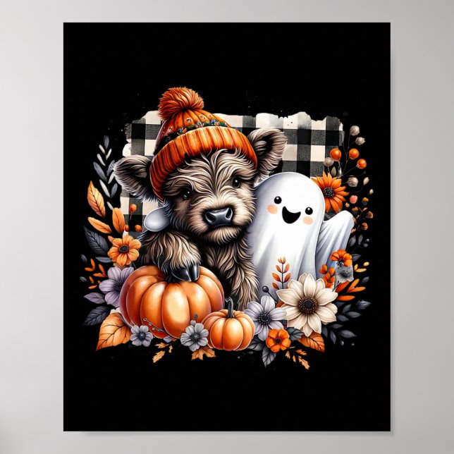 Cute Fall Cow Ghost Spooky Season Autumn  Poster (Front)