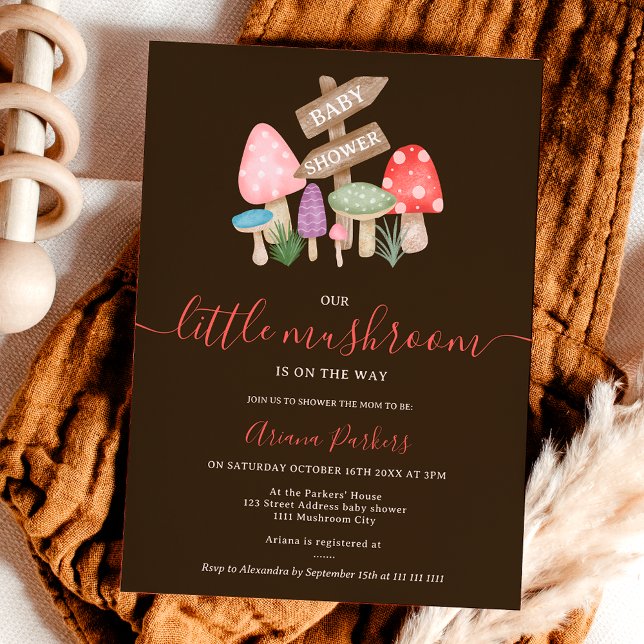 Cute fall fairy woodland mushrooms baby shower invitation (Cute fall fairy woodland mushrooms baby shower invitation on dark brown)