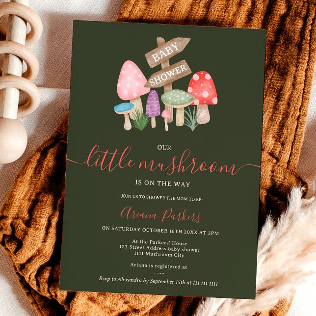 Cute fall fairy woodland mushrooms baby shower invitation (Cute fall fairy woodland mushrooms baby shower invitation on dark green)