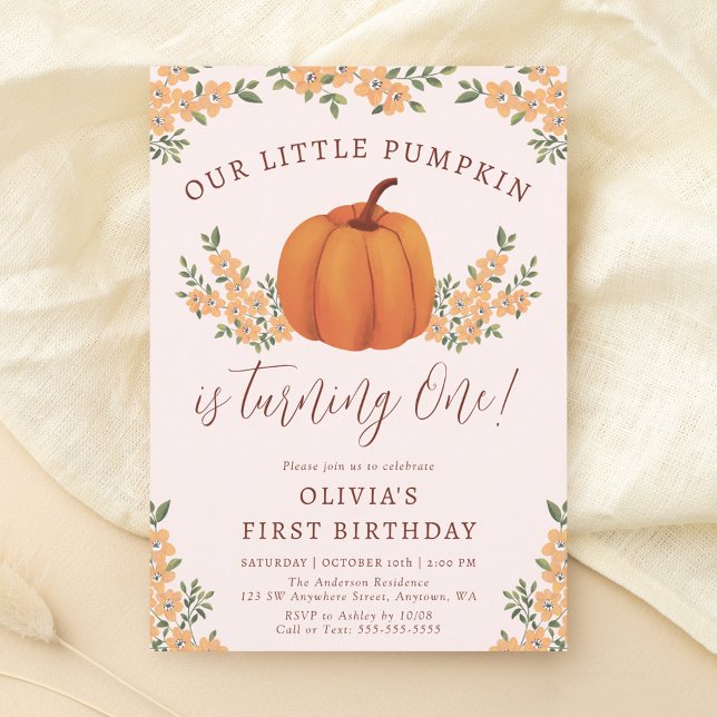 Cute Fall Floral Little Pumpkin Girl 1st Birthday Invitation (Creator Uploaded)