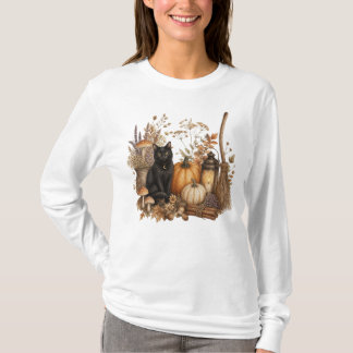 Cute Fall Floral Pumpkin Halloween Cat Witch  T-Shirt