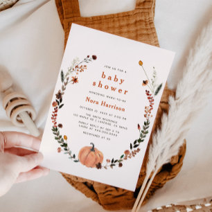 Cute Fall Floral Pumpkin Wreath Baby Shower Invitation