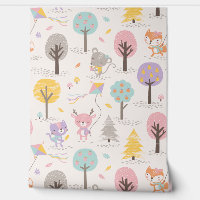 Cute Fall Forest animals with kites and trees