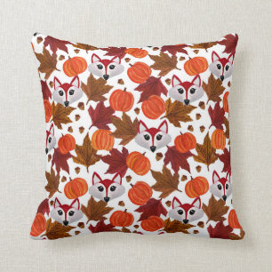 Cute Fall Fox Pumpkin Acorn Maple Leaf Watercolor Cushion