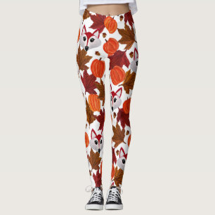 Cute Fall Fox Pumpkin Acorn Maple Leaf Watercolor Leggings