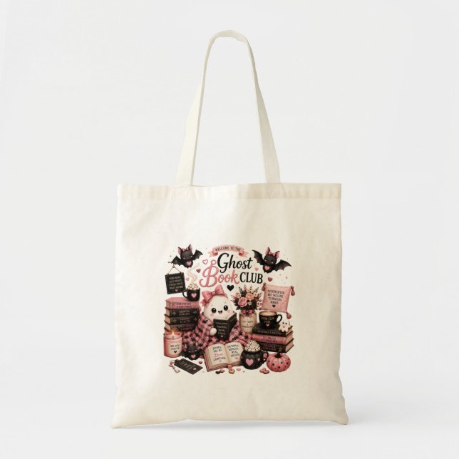Cute Fall Ghost & Pumpkin Halloween Tote Bag (Front)