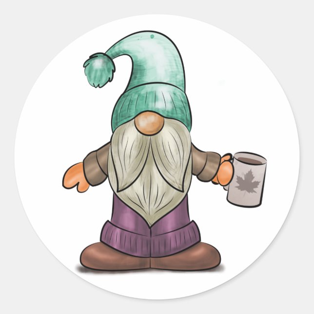 Cute Fall Gnome with Coffee Mug Classic Round Sticker (Front)