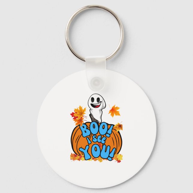 Cute Fall Halloween ghost Boo! I see You! Sticker Key Ring (Front)