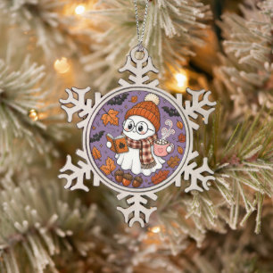 Cute Fall Halloween Ghost with Hot Cocoa Snowflake Pewter Christmas Ornament