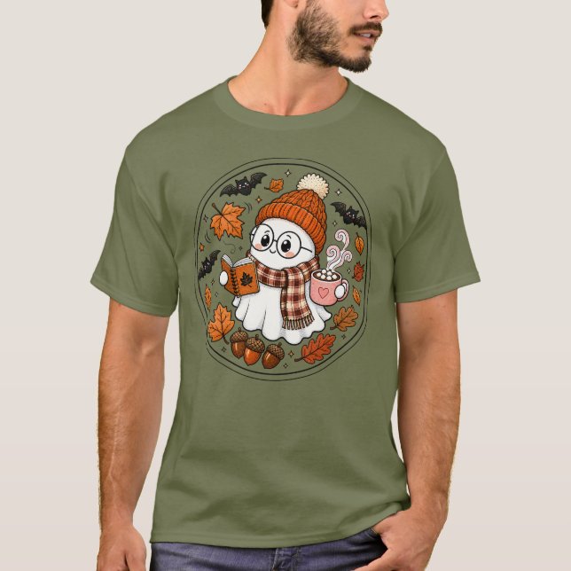 Cute Fall Halloween Ghost with Hot Cocoa T-Shirt (Front)