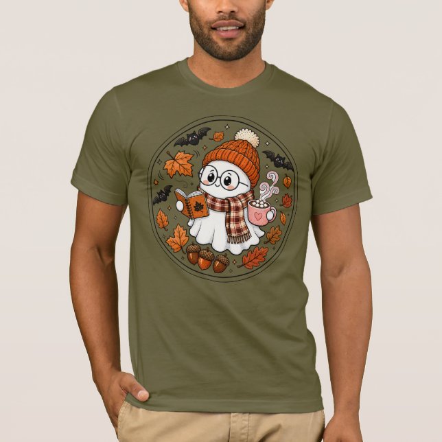 Cute Fall Halloween Ghost with Hot Cocoa T-Shirt (Front)