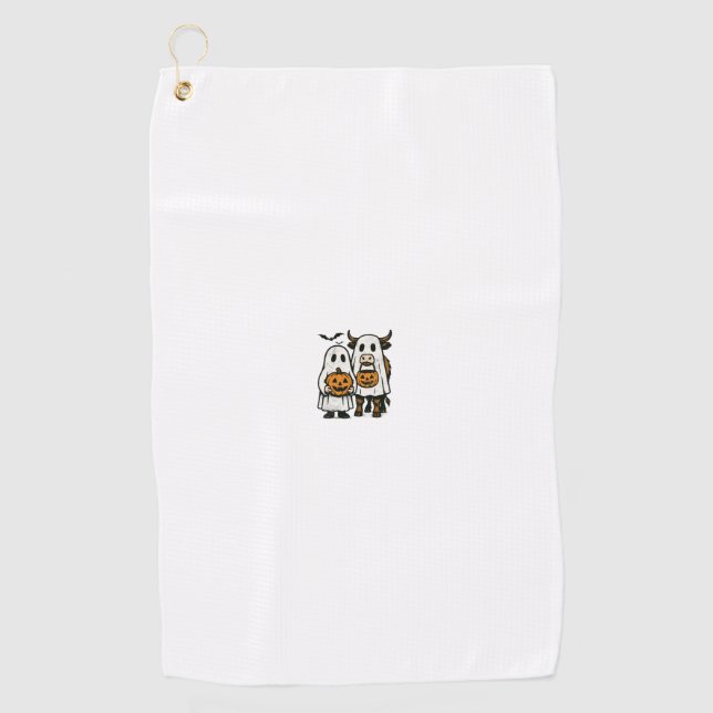 Cute Fall Highland Cow Ghost Halloween 2 Golf Towel (Front)
