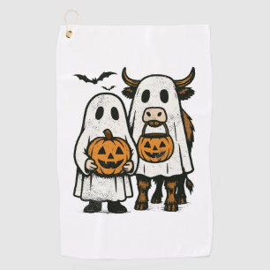 Cute Fall Highland Cow Ghost Halloween 2 Golf Towel