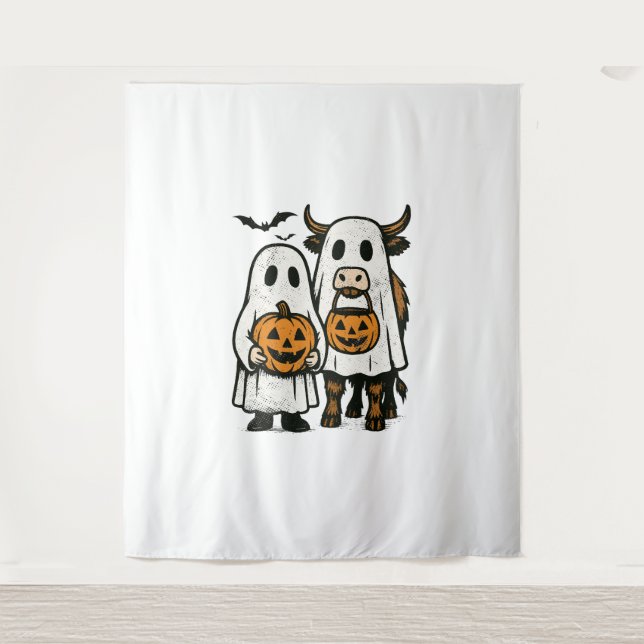 Cute Fall Highland Cow Ghost Halloween 2 Tapestry (Front)