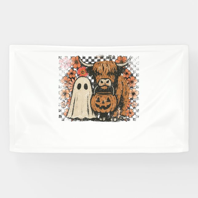 Cute Fall Highland Cow Ghost Halloween Banner (Horizontal)