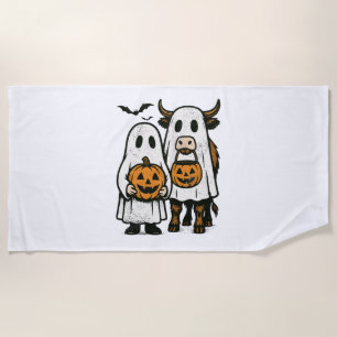 Cute Fall Highland Cow Ghost Halloween Beach Towel