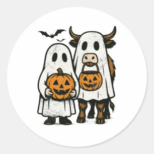 Cute Fall Highland Cow Ghost Halloween Classic Round Sticker