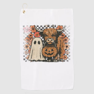 Cute Fall Highland Cow Ghost Halloween Golf Towel