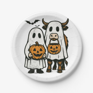 Cute Fall Highland Cow Ghost Halloween Paper Plate