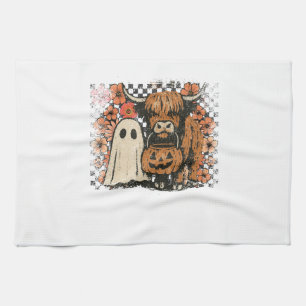 Cute Fall Highland Cow Ghost Halloween Tea Towel