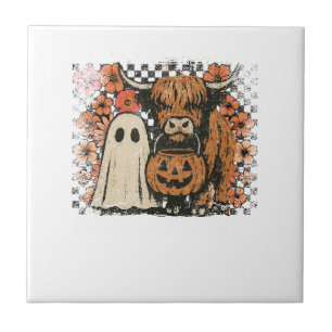 Cute Fall Highland Cow Ghost Halloween Tile