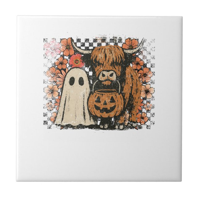 Cute Fall Highland Cow Ghost Halloween Tile (Front)