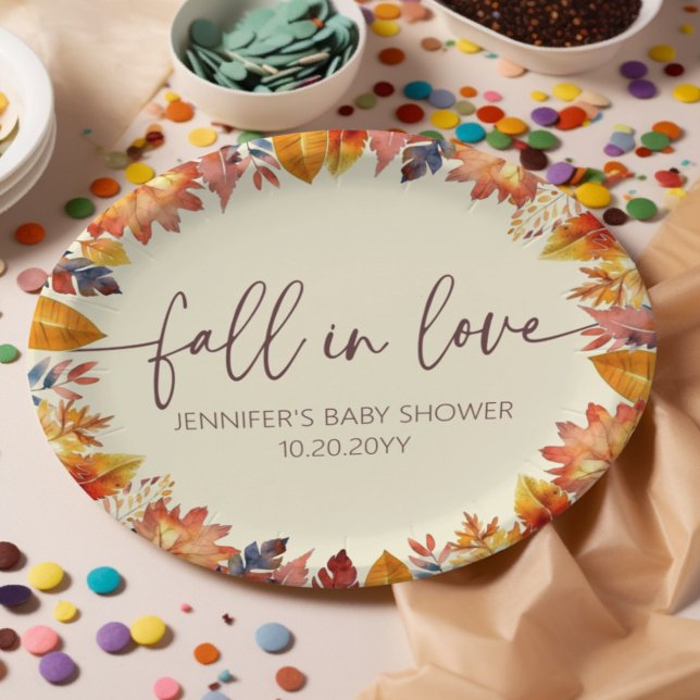  Cute Fall in Love Foliage Baby Shower Paper Plate (fall baby shower party plates, watercolor autumn leaves)