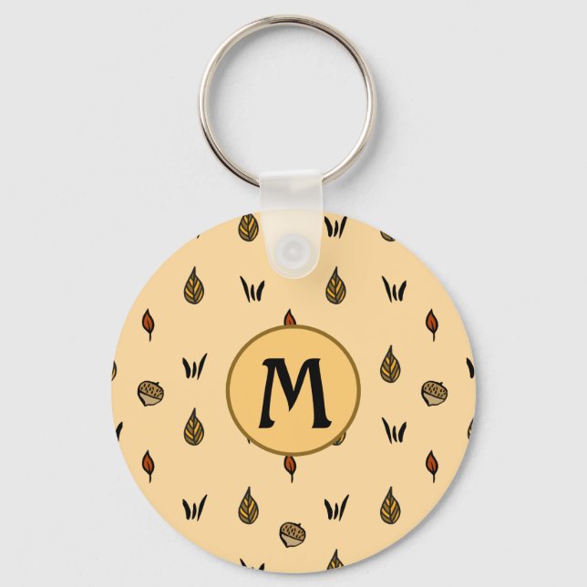 Cute Fall Leaves Acorns Pattern Custom Mono Square Key Ring (Front)