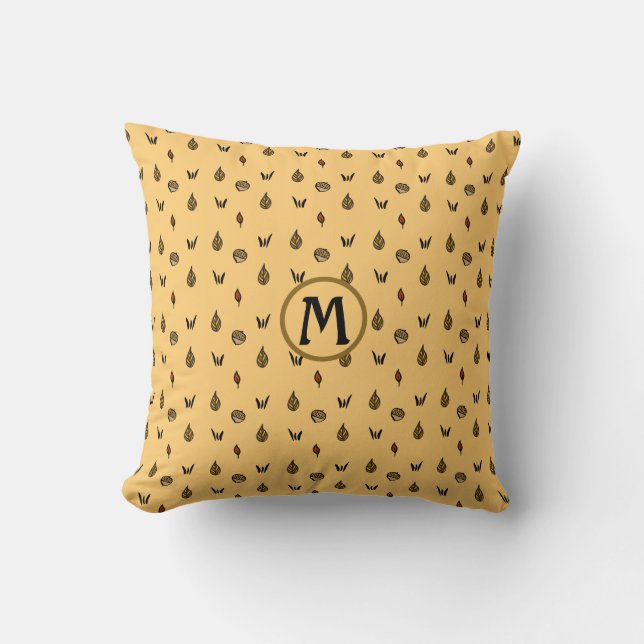 Cute Fall Leaves Acorns Pattern Custom Monogram Cushion (Front)