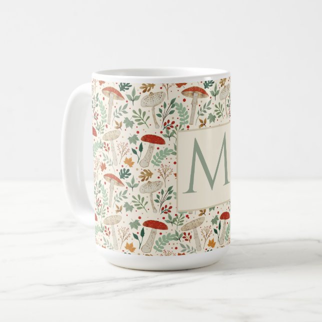 Cute Fall Mushrooms and Leaves Illustration Coffee Mug (Front Left)