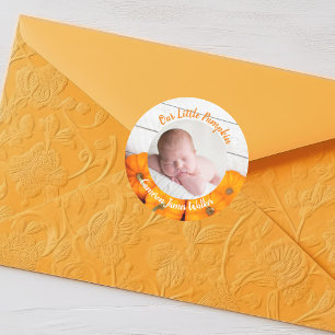Cute Fall Newborn Photo Baby Our Little Pumpkin Classic Round Sticker