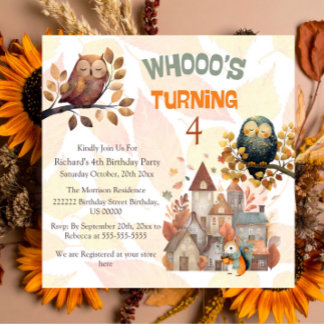 Cute Fall Owl/Squirrel Boy Birthday Invitation