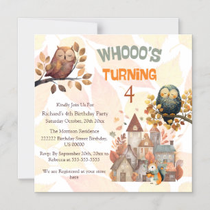 Cute Fall Owl/Squirrel Boy Birthday Invitation