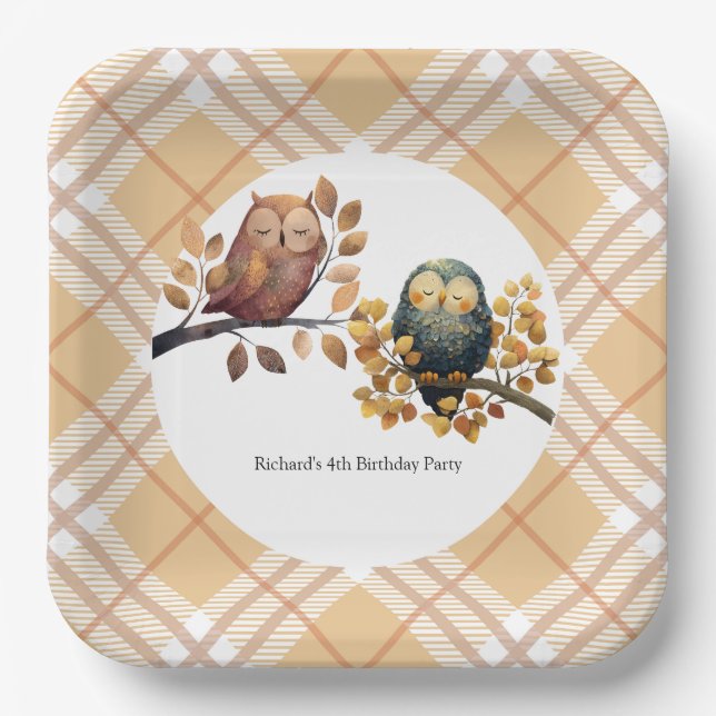 Cute Fall Owl & Squirrel Boy Birthday Paper Plate (Front)